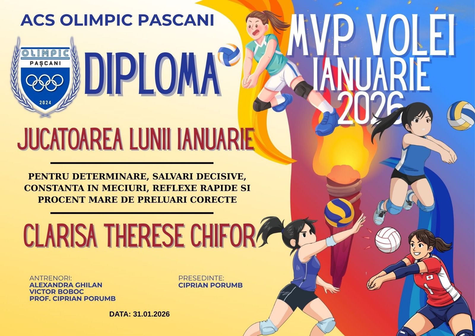 ACS Olimpic Pascani acorda cu mandrie, titlul de Jucatoarea lunii Ianuarie, liberoului Clarisa!